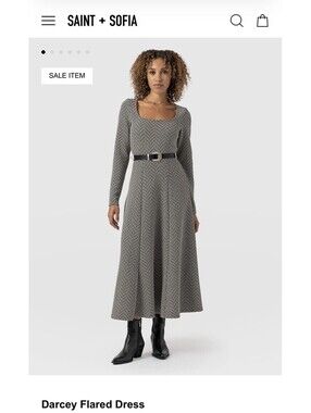 Saint + Sofia Darcey Fit & Flare Chevron Midi Dress Long Sleeve Black/White 14